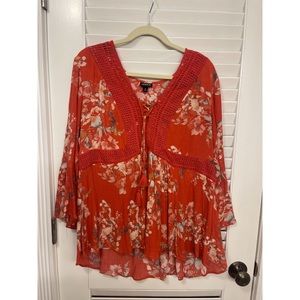 BoHo Top TORRID Pink Floral Crinkle Gauze Lace Up BabyDoll Crochet